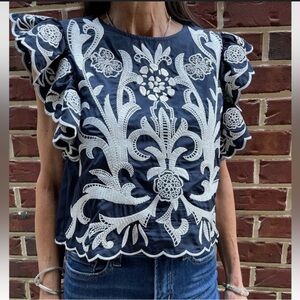 Navy and White Embroidered Women's Top